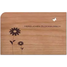Holzpost Grußkarte "Herzlichen Glückwunsch Blumen & Vogel": Vorderseite- Holzspielzeug Profi