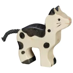 Holztiger Kleine Katze stehend gefleckt schwarz-weiß - Holzspielzeug Profi
