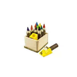 Kunterbunt Holzzstifte: Zwergen Komplett Set: 10 Holzstifte und ein Anspitzer in der Holzkiste - Holzspielzeug Pofi